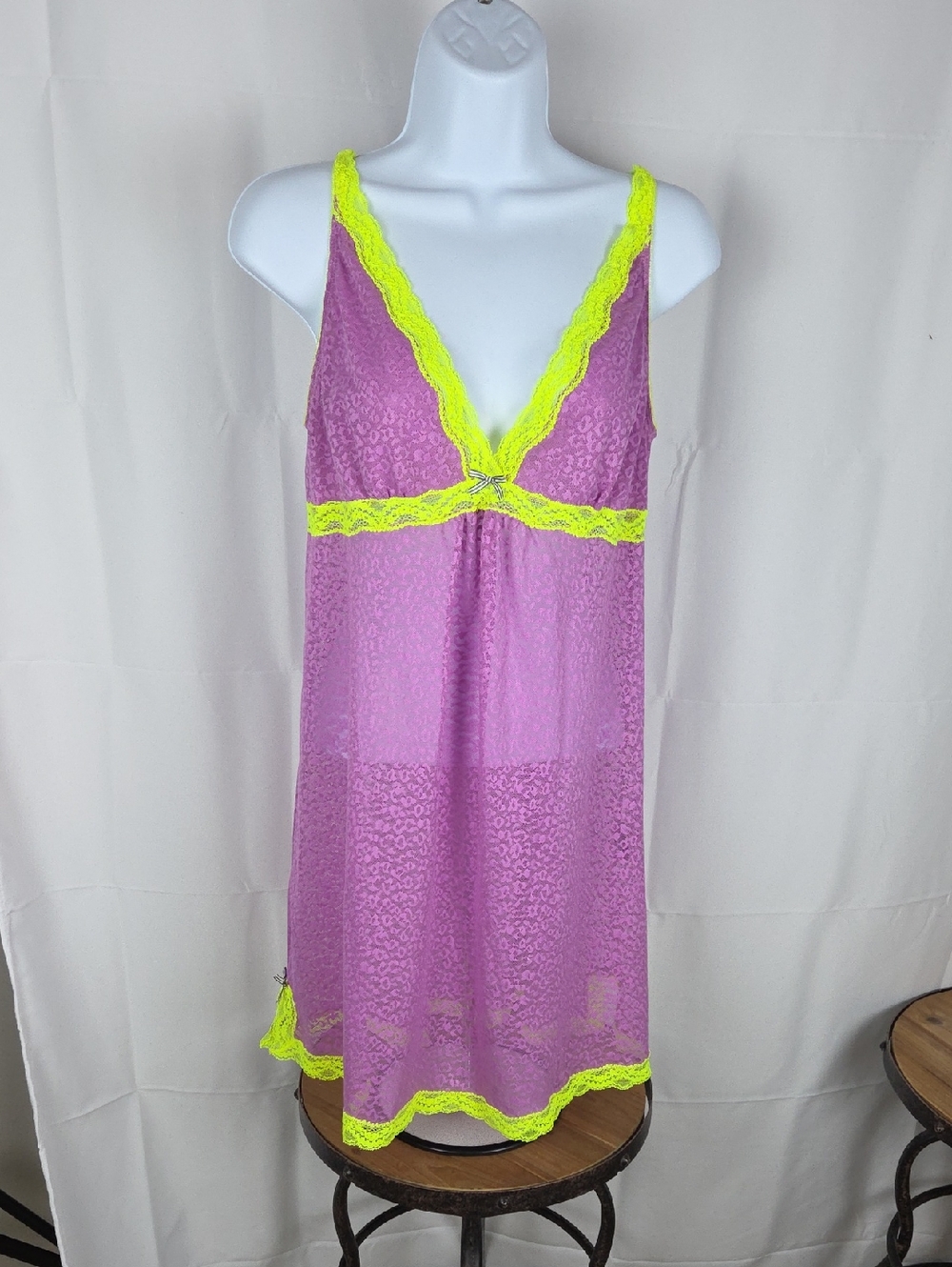 Kensie Lilac Chemise with Neon Yellow Lace Trim
